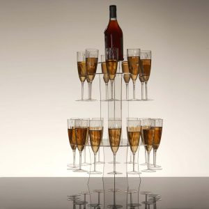 3-Tier Round Champagne Glass Holder Tower 21" Clear Acrylic Holds 23 Stemware + 1 Bottle, Flute Display Rack Cocktail Tree Stand for Stylish Drink